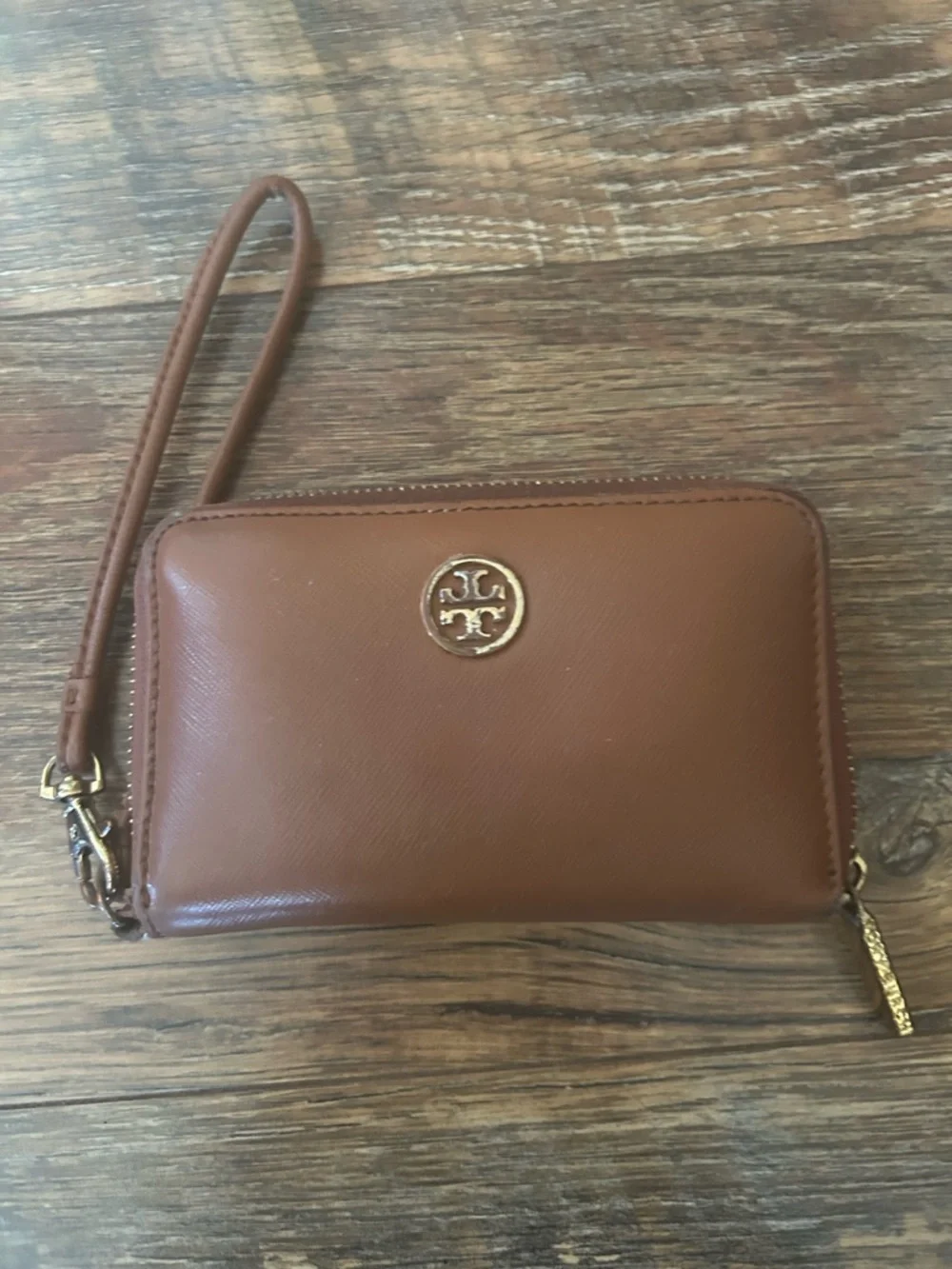 Tory Burch Cognac Leather Wristlet with Gold Logo